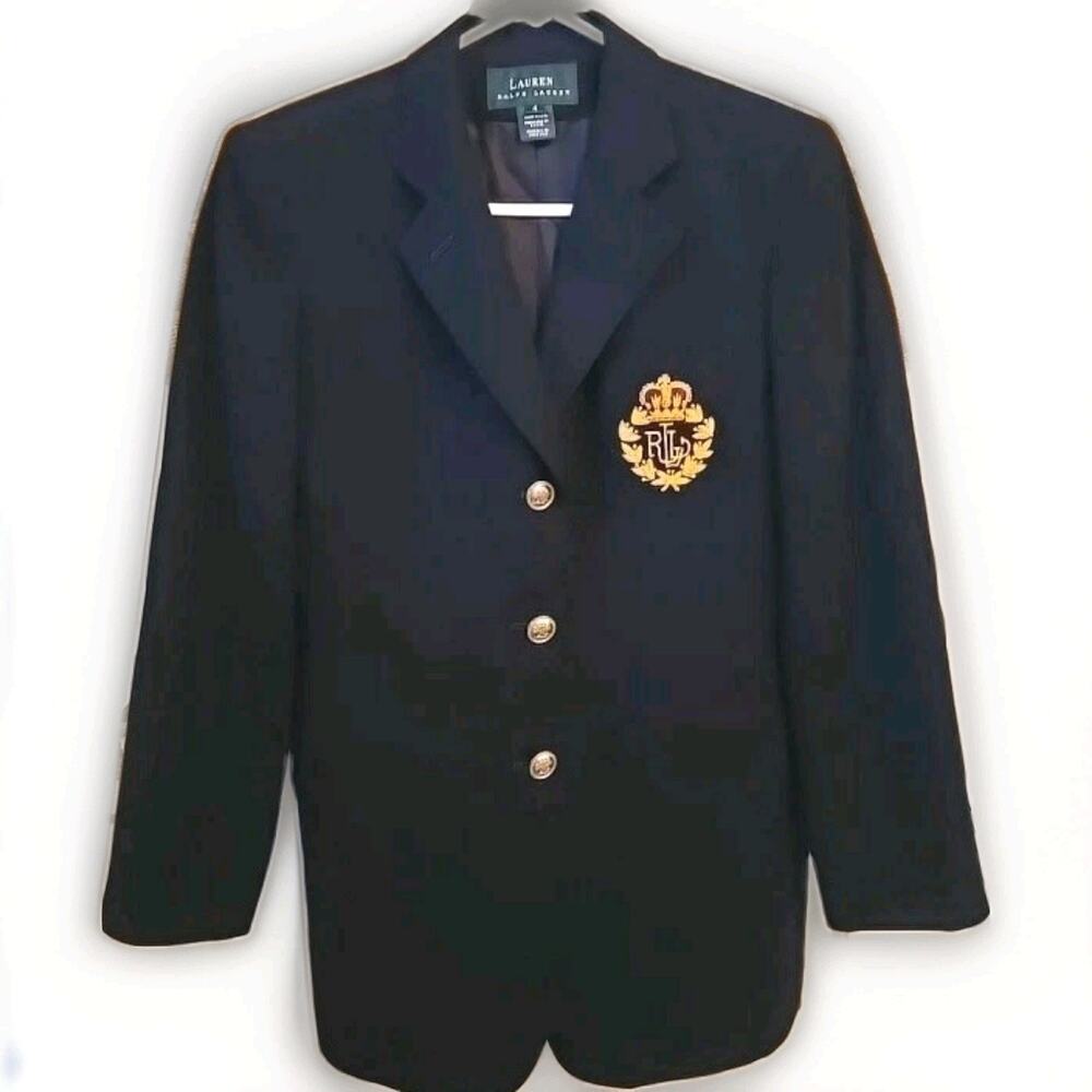 Vintage Lauren Ralph Lauren Crest Blazer Womens 4 Navy Wool Gold Buttons Preppy